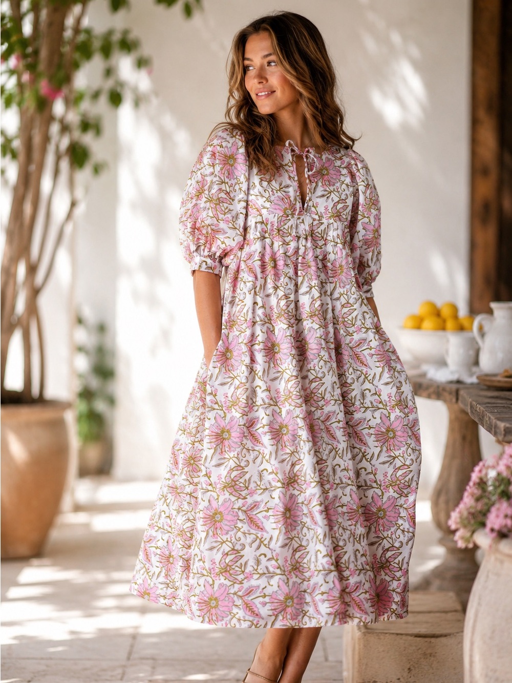 Mille Saffron Dress Pink Lily Block Print Cotton Midi Dress Sz Small Cottagecore